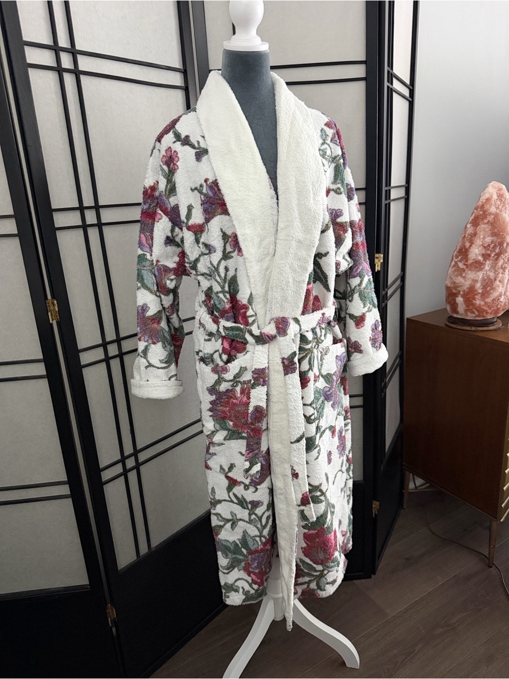 Cacique Plush Terry Robe with Hand Painted Vining Floral Motif
